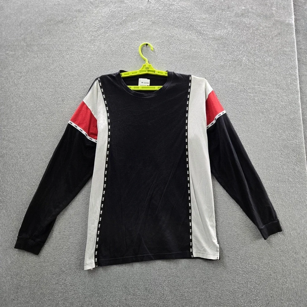 PINK Victoria's Secret Women Shirt M‎ Black Colorblock Crew Neck Pullover